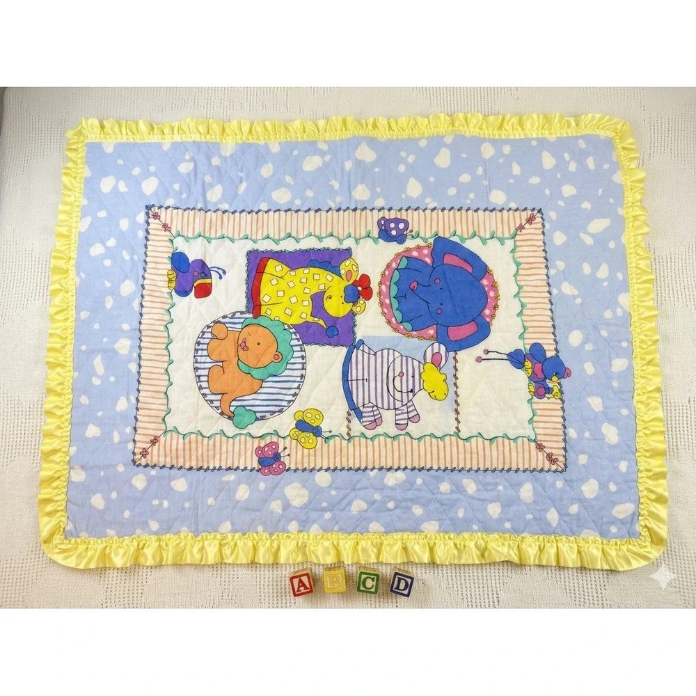 Vintage Quilted Baby Blanket Animals Elephant Lion Giraffe Yellow Satin Ruffle